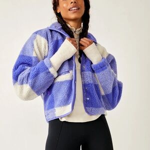 Free People Hit The Slopes Printed Fleece Jacket Blue Iris Gingham Combo